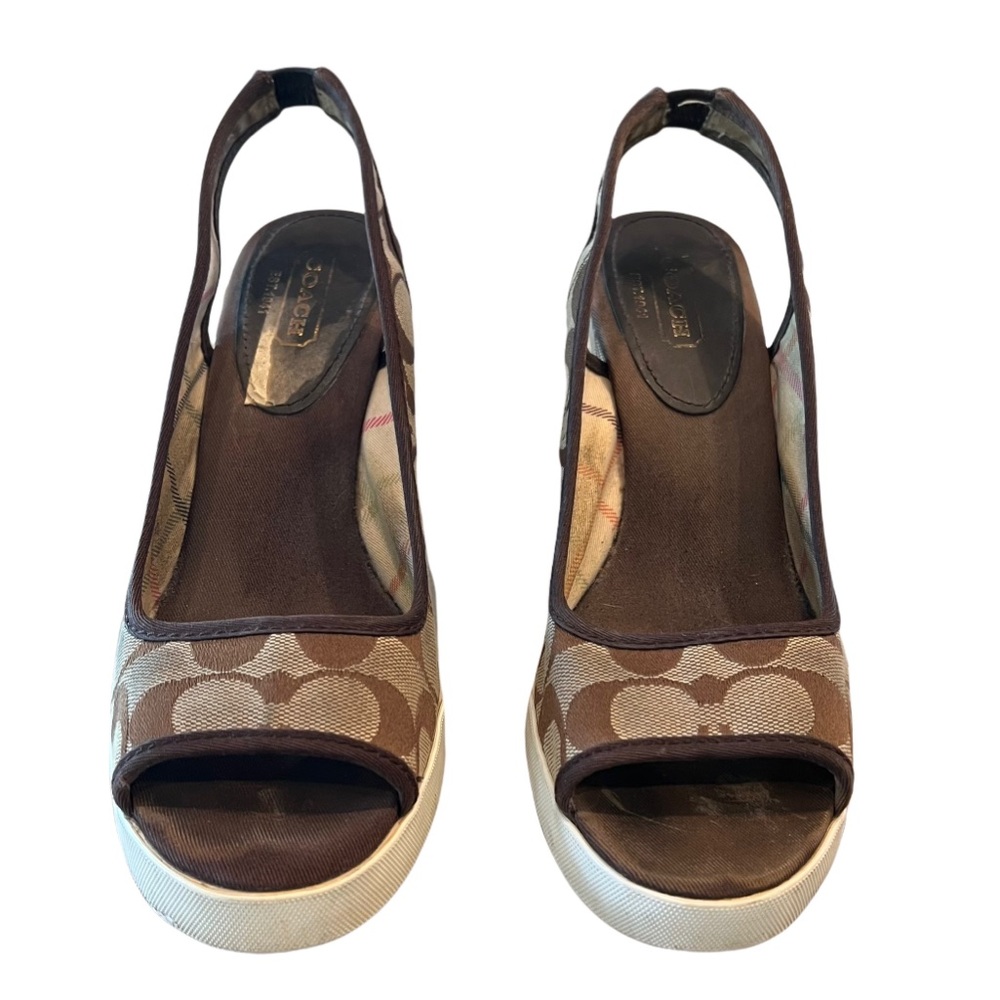 Women’s Genuine Coach Sydney Monogram Peep Toe Wedges 8.5 Brown Tan - Picture 6 of 15